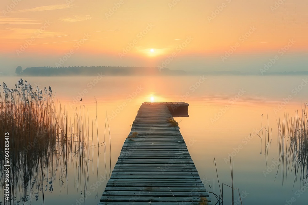 Golden hour over a serene lake with a single wooden pier Evoking feelings of peace and solitude perfect for contemplative or nature-inspired imagery