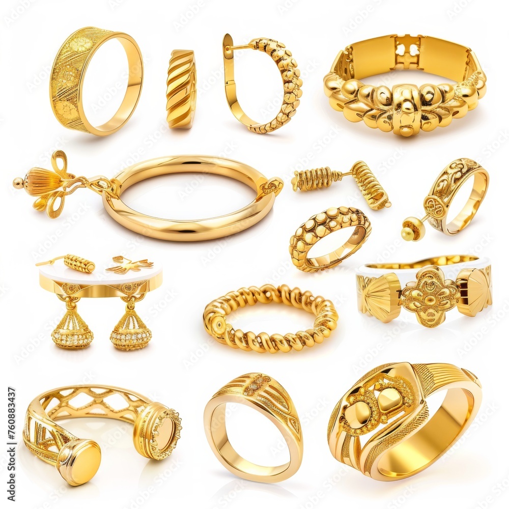 gold jewelry e products isolated on white background - obrazy, fototapety, plakaty 