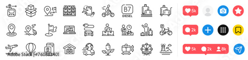 Ferris wheel, Online storage and Airport transfer line icons pack. Social media icons. Baggage reclaim, Air balloon, Delivery web icon. Web inventory, Luggage trolley, Eco power pictogram. Vector