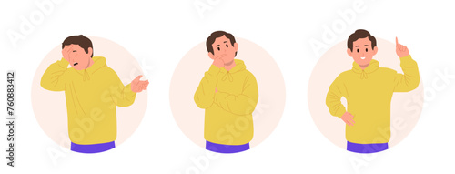 Children body language round composition set with male kid characters feeling different emotion