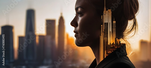 silhouetted side profile of woman gazing at golden sunset over urban cityscape - serene atmosphere amidst hustle and bustle of city life photo