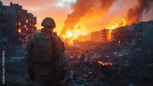 Ukrainian military man soldier with the Ukrainian flag in hands on the background of an exploded houses. Resistance to russian invasion concept.