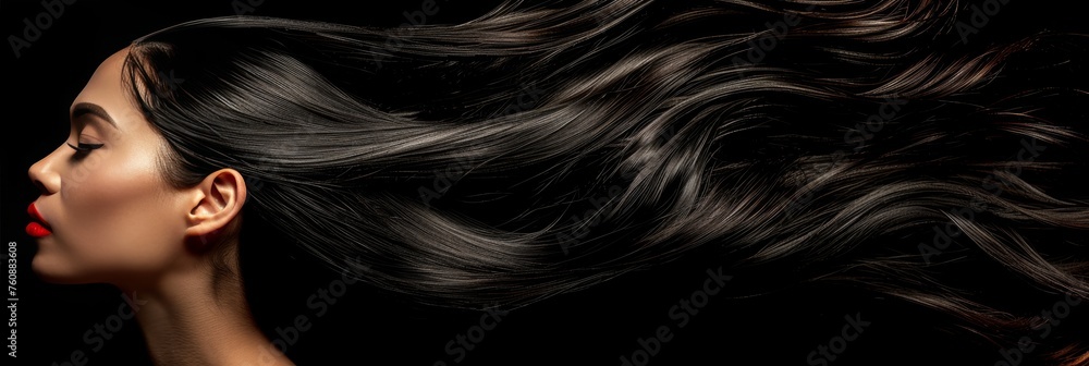 Stylish brunette woman with long shiny hair on dark background, hair care beauty concept Stylish brunette woman with long shiny hair on dark background, hair care beauty concept
