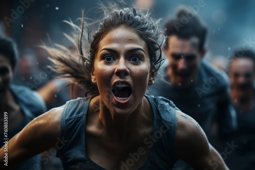 Woman with shocking expression sprinting with crowd