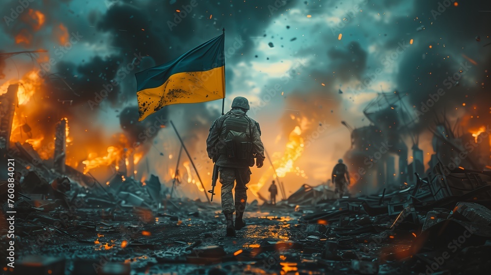 Ukrainian military man soldier with the Ukrainian flag in hands on the background of an exploded houses. Resistance to russian invasion concept. - obrazy, fototapety, plakaty 