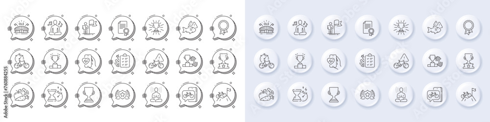 Bike app, Yoga and Success line icons. White pin 3d buttons, chat bubbles icons. Pack of Fish, Diet menu, Bike attention icon. Laureate, Vegetables, Winner podium pictogram. Vector
