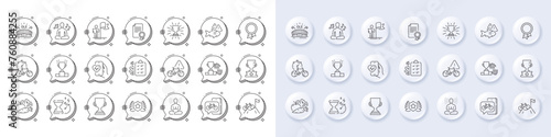 Bike app, Yoga and Success line icons. White pin 3d buttons, chat bubbles icons. Pack of Fish, Diet menu, Bike attention icon. Laureate, Vegetables, Winner podium pictogram. Vector