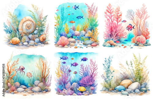 Marine Life Cute element Animal Life in under sea world. Underwater animal creature and fish, starfish, jellyfish. Cartoon watercolor illustration set