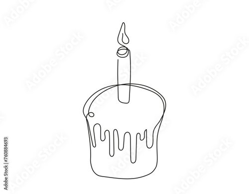 Continuous one line drawing of Easter Kulich cake with a lit candle. Traditional Easter cupcake. Birthday cake. Vector isolated on white background. Design element for print, greeting, scrapbooking.