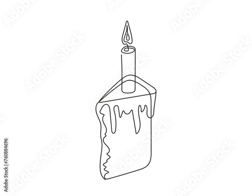 Continuous one line drawing of Easter Kulich cake with lit candle. Slice of Birthday cupcake. Vector isolated on white. Design element for print, greeting, coloring book, scrapbooking, invitation