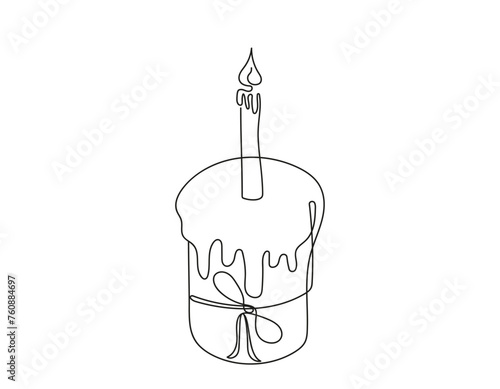 Continuous one line drawing of Easter Kulich cake with a lit candle. Traditional Easter cupcake. Birthday cake. Vector isolated on white background. Design element for print, greeting, invitation