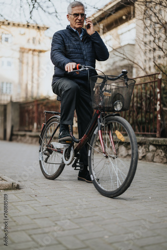 Active senior man talking on smart phone while riding bicycle in urban setting.