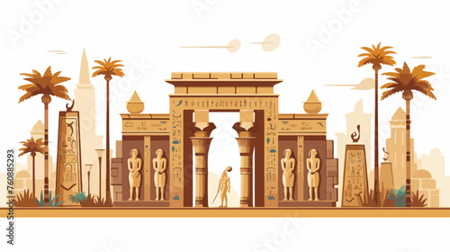 Ancient Egyptian temple with hieroglyphics and stat