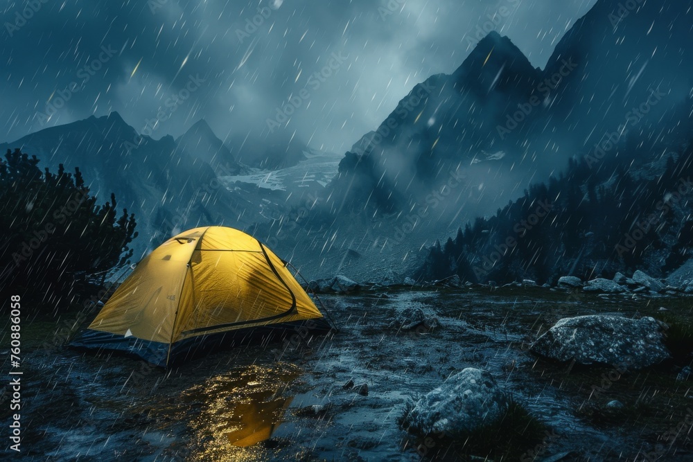 Overnight in the mountains, in bad weather, tourist tent in the mountains in bad foggy weather - obrazy, fototapety, plakaty 