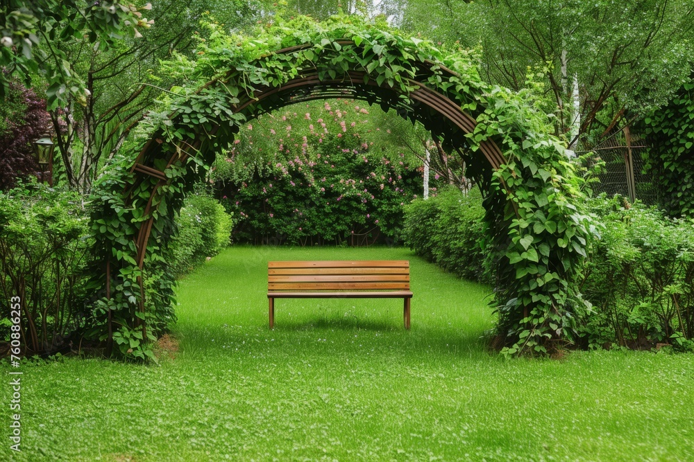 Obraz premium tree arch and wooden garden bench on a grass lawn, beech hedge in backyard 