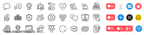 Buying house, 24h service and Wallet line icons pack. Social media icons. Battery, Medical shield, Bid offer web icon. Typewriter, Waterproof, Maximize pictogram. Vector