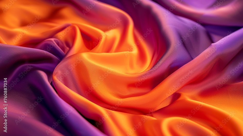 Luxurious silky fabric with orange and purple gradients. Rich textile close-up showing vibrant color interplay. Elegance in textiles: the warm embrace of orange and purple silk. Luxurious silky fabric with orange and purple gradients. Rich textile close-up showing vibrant color interplay. Elegance in textiles: the warm embrace of orange and purple silk.