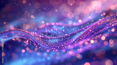 Sparkling wave pattern with pink and blue bokeh light particles for glamorous backgrounds. Abstract light particle waves in festive pink and blue colors photo