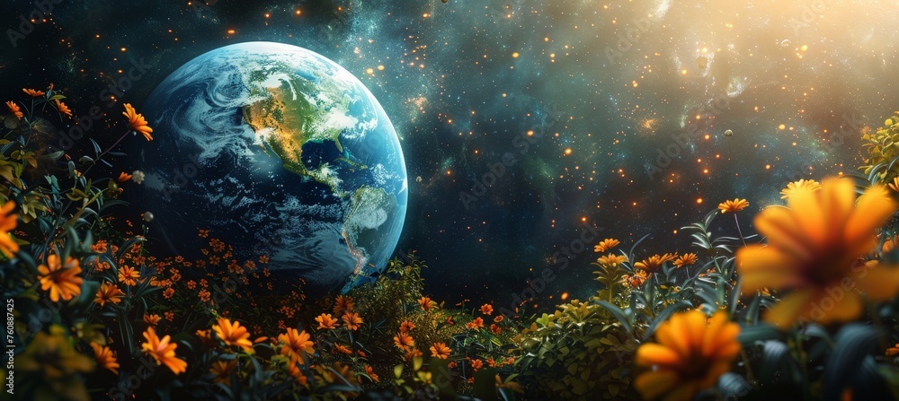 Planet earth surrounded by flowers on cosmic background. Lifestyle. Eco concept. For banner, poster, for: design, print, card (greeting card), banner, poster, flyer, advertising, sticker, wallpaper