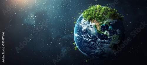 Planet earth with lush greenery. Digital art style. Eco concept. Earth Day. For banner, poster, cards, background, eco campaign.