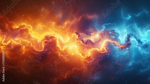 a blue, orange and red flame of electricity on a dark background