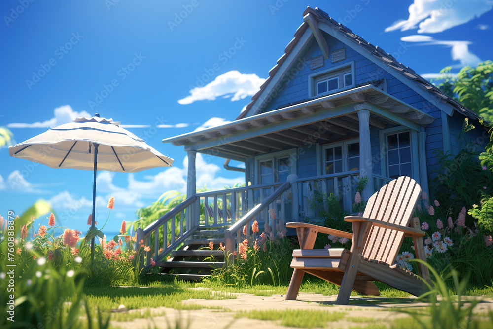 Coastal villa with beauty garden with chair and umbrella