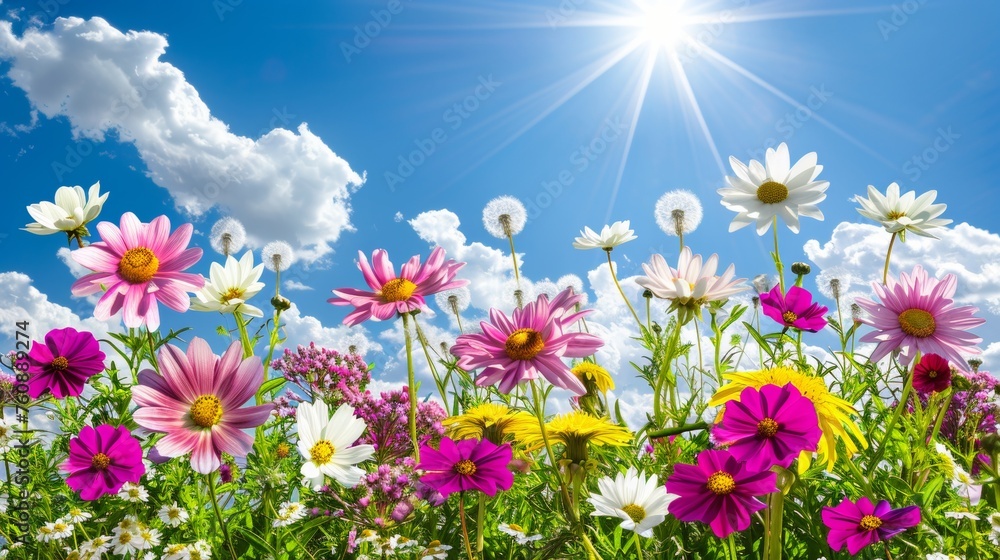 Sunny meadow with white and pink daisies and yellow dandelions under blue sky for text overlays