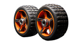 Two black and orange wheels with vibrant orange spokes