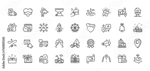 Dog leash, Event click and Father day line icons pack. AI, Question and Answer, Map pin icons. Fishing rod, Present, Home grill web icon. Champagne glasses, Account, Search puzzle pictogram. Vector