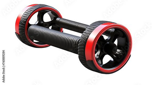 Two exercise wheels in black and red swirl gracefully in motion on a sleek surface photo