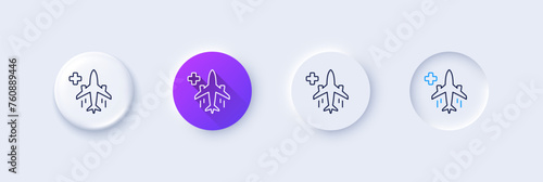 Medical flight line icon. Neumorphic, Purple gradient, 3d pin buttons. Medicine transport sign. Emergency service symbol. Line icons. Neumorphic buttons with outline signs. Vector photo