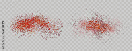 Grainy scatterings of  spicy burst . Splashes of  red pepper powder.Overlay effect chilli or paprika spice splatters. Vector realistic illustration of hot dried spice. photo