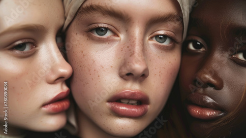 A trio of women with freckles on their faces are standing together © sommersby