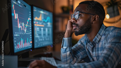 African American man sitting in front of a computer screen, focused on his work or task at hand