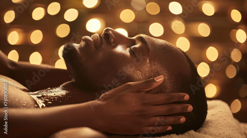 African American man with eyes closed receiving a facial massage from a masseuse at a spa, relaxing and enjoying the treatment