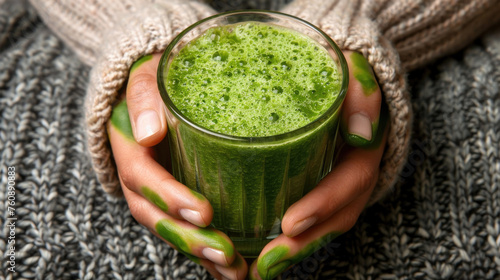 A person is holding a green smoothie in their hands