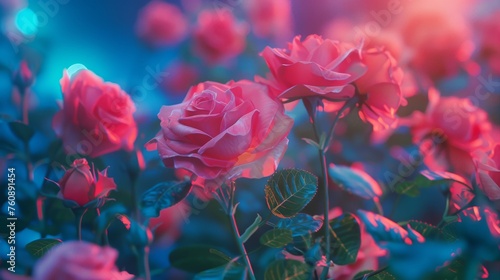 Enchanting Roses In Bloom, Bathed In Mystical Blue And Pink Light, Dreamy Garden Ambiance: Floral Beauty, Magical Glow, Ethereal Atmosphere, Romantic Setting