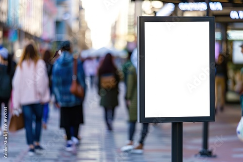 display blank clean screen mockup for offers or advertisement in public area with blured people walking