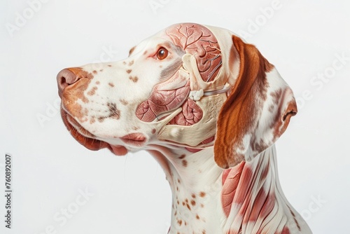 dog anatomy showing body and head, face with muscular system visible isolated on solid white background photo