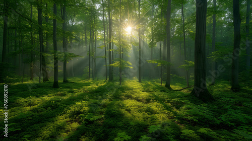 Rays of light, Forest in the fog, Morning in the forest, Green forest panorama scenery with sunlight, Ai generated image