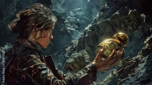A daring archaeologist in a leather jacket, holding a golden idol in a booby-trapped cave.