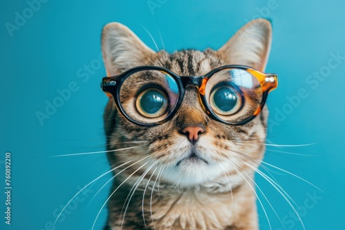 Portrait cat surprised face with bulging big eyes wear glasses over color bright background