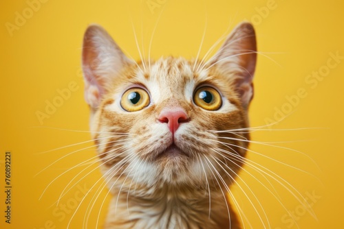Portrait cat surprised face with bulging big eyes over color bright background