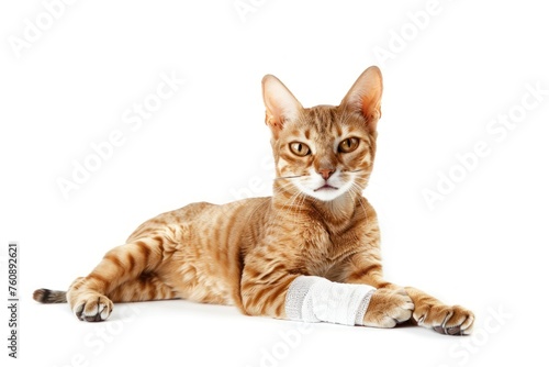 Portrait of a sphinx cat with a white bandage on his leg isolated on solid white background photo