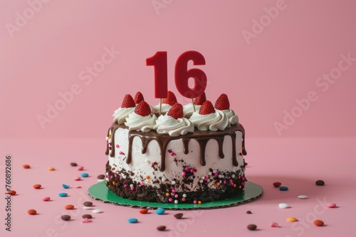 Birthday cake with number 16 on top isolated on solid color background