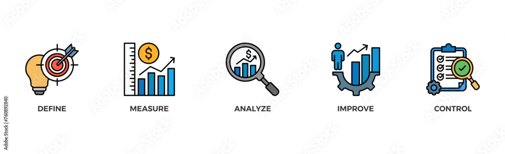 Dmaic banner web icon vector illustration concept of define measure analyze improve control with icon of management, performance, development, target Dmaic banner web icon vector illustration concept of define measure analyze improve control with icon of management, performance, development, target