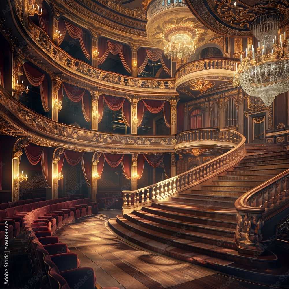 Obraz premium A grand opera house with a sweeping staircase, crystal chandeliers, and velvet seats.