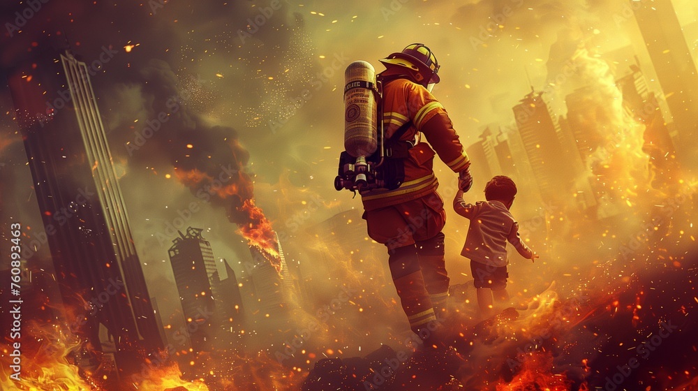 A heroic firefighter saving a child from a blazing inferno, amidst a city skyline. with copy space for text - obrazy, fototapety, plakaty 
