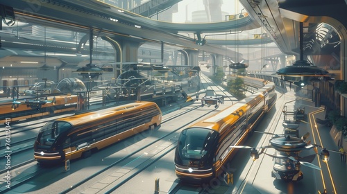 A futuristic transportation hub with high-speed trains, electric buses, and drone taxis.