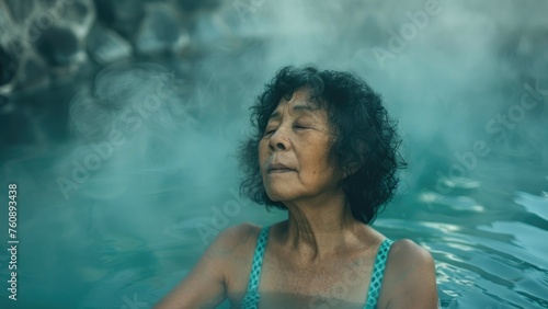 An elderly Asian woman in a swimsuit sits and swims in a hot thermal spring. There is hot steam from the water all around. holiday concept